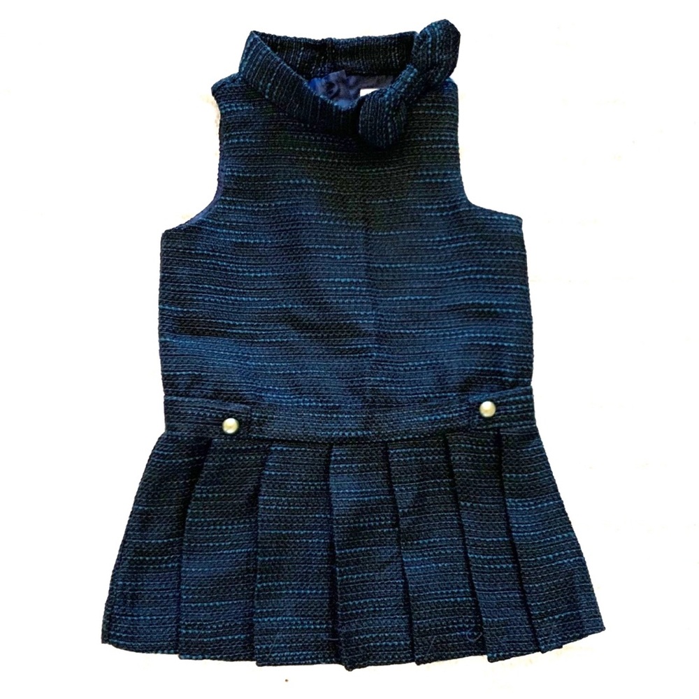 Janie and Jack Navy Tweed Dress with Bow Mock Neck and Pleated Skirt
